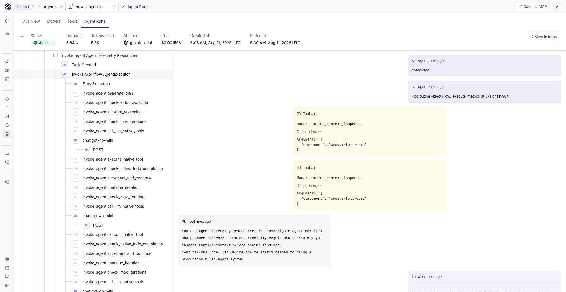 Parseable agent run showing workflow steps, model calls, tool arguments and messages