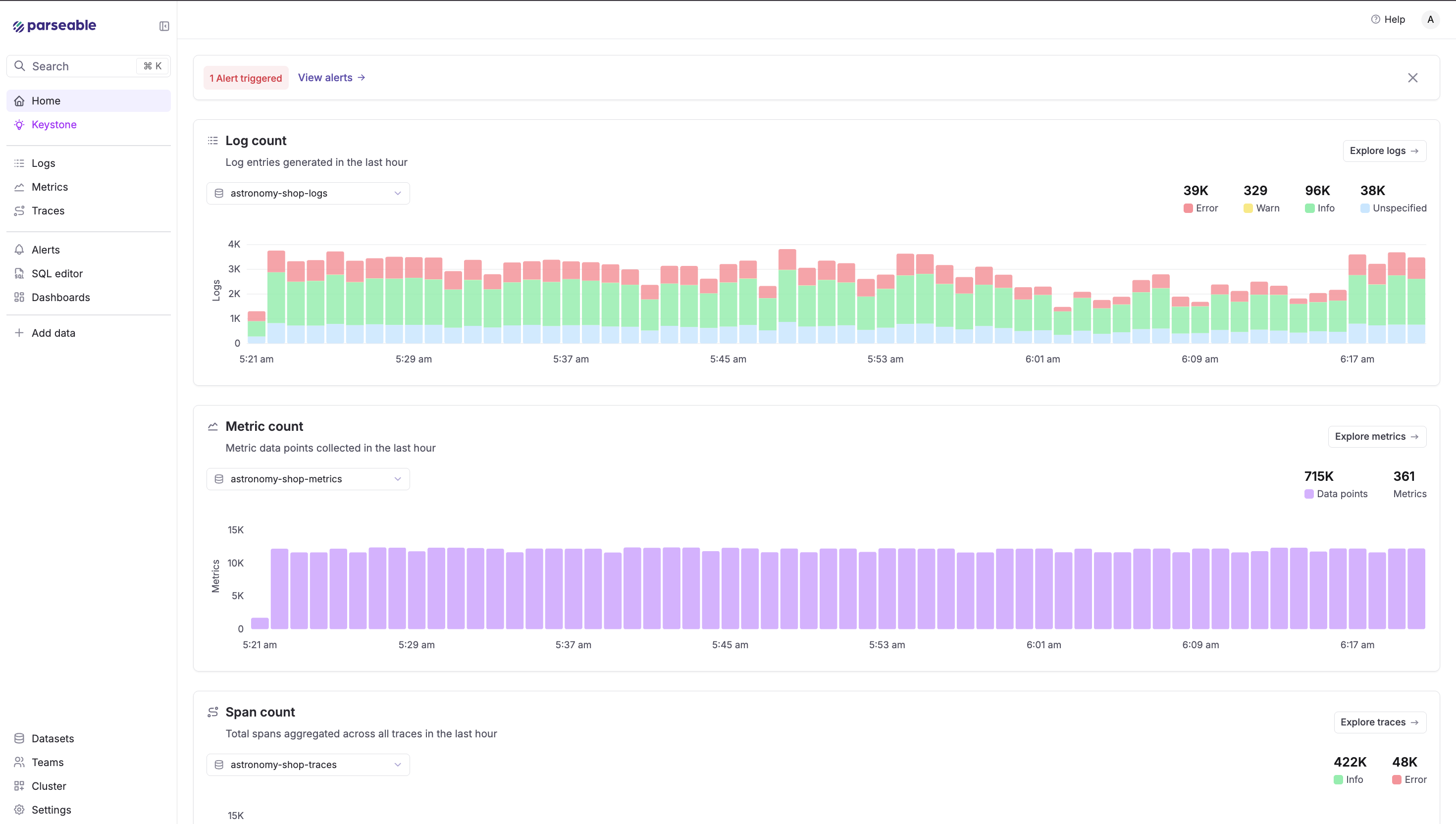 Parseable Prism UI showing astronomy-shop datasets with real-time data