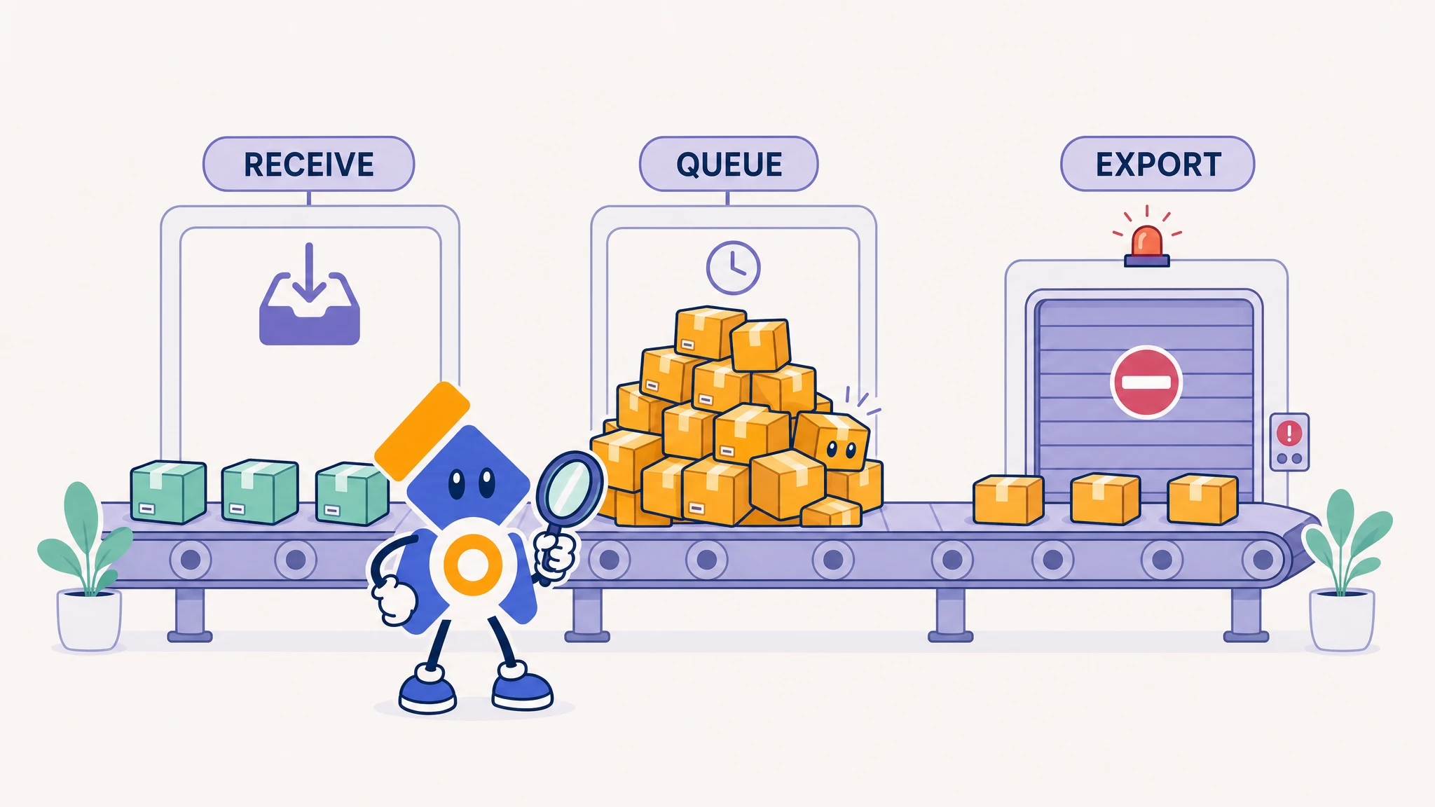 OpenTelemetry Collector mascot tracing telemetry parcels from the receiver to a backed-up queue and blocked exporter