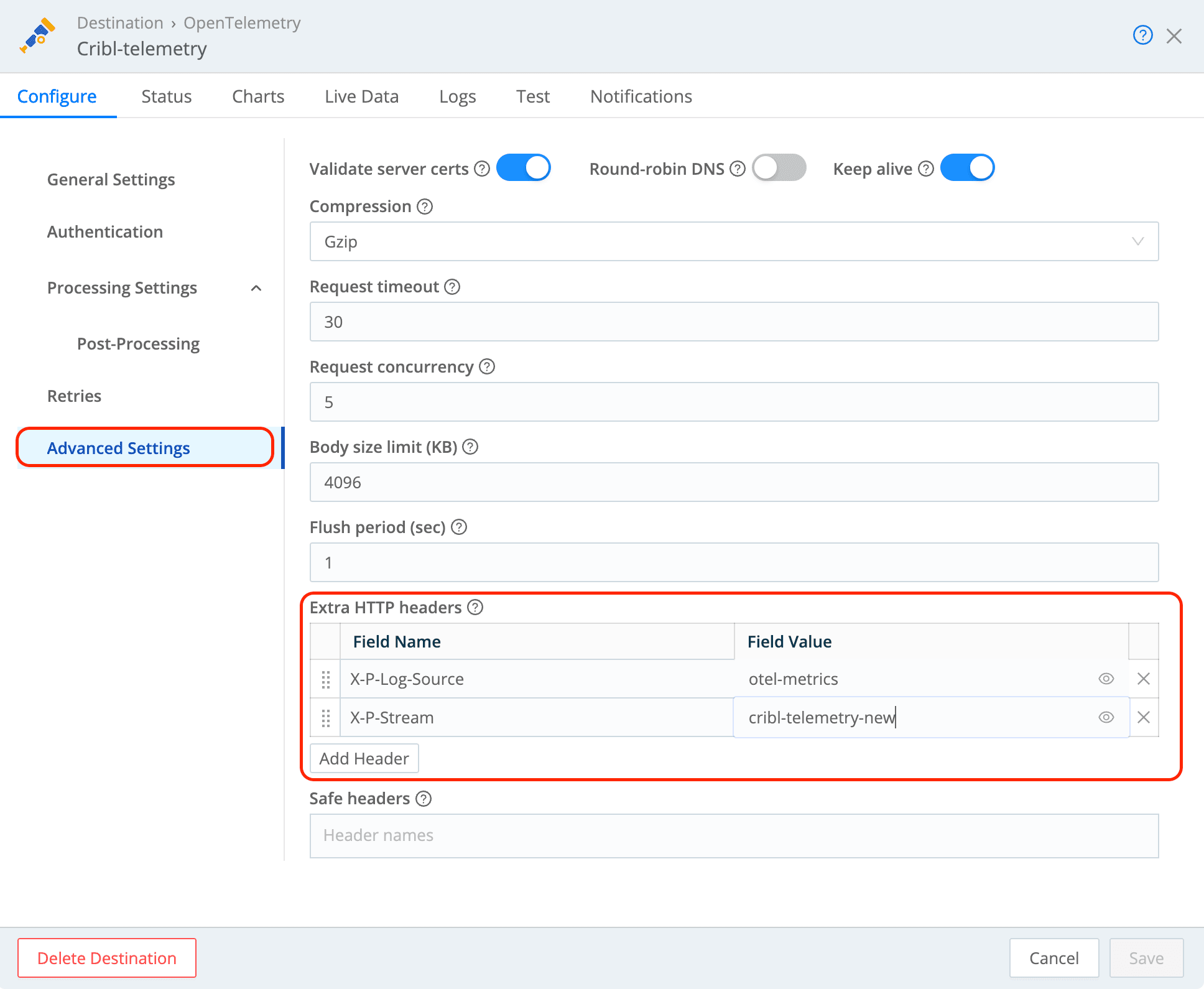Cribl Advanced Settings