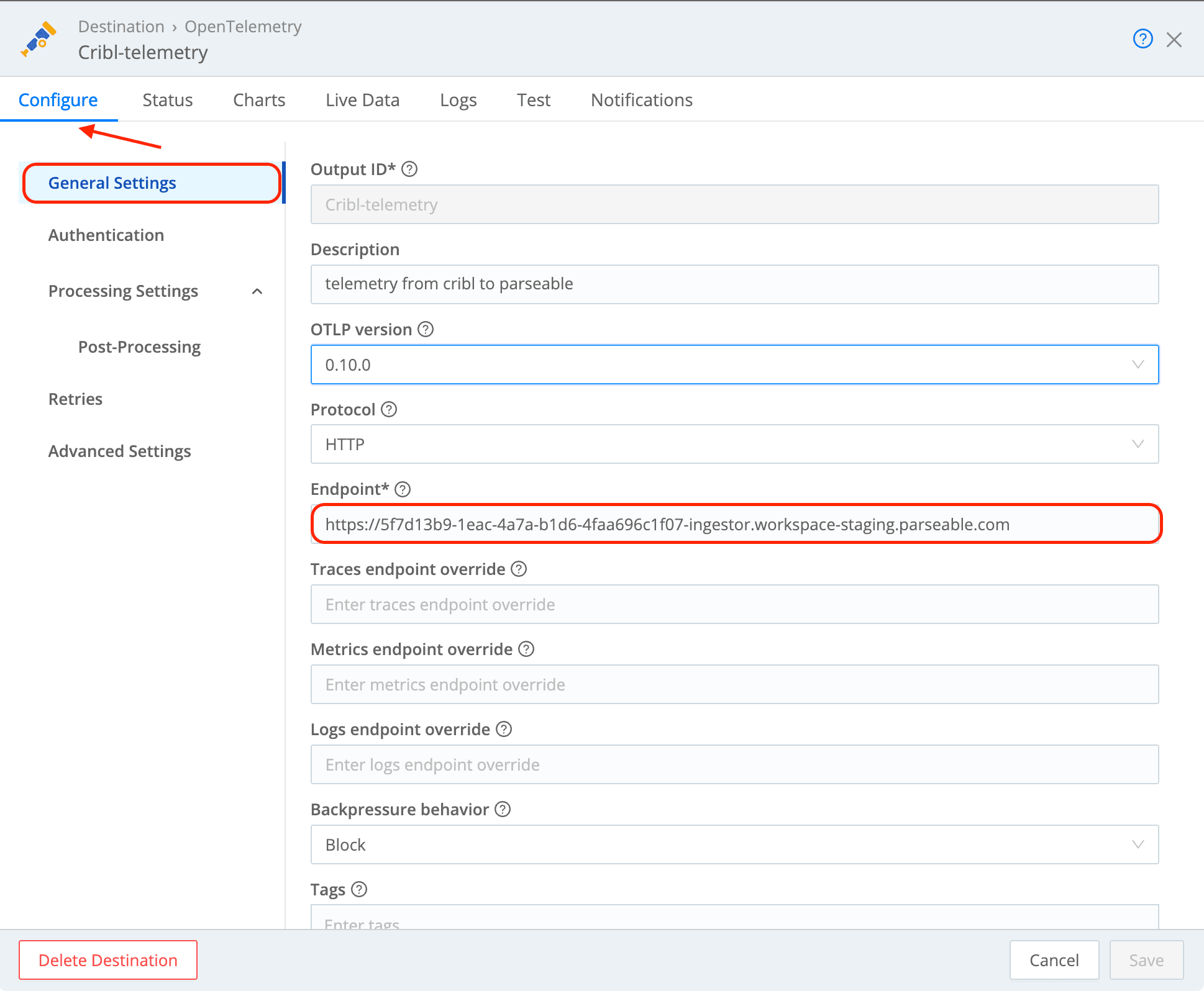 Cribl OpenTelemetry General Settings